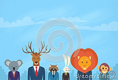 Animal Cartoon Head Businessman Suit Collection Vector Illustration