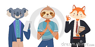 Animal character anthropomorphic set, koala in office outfit, fox businessman, yoga sloth Vector Illustration
