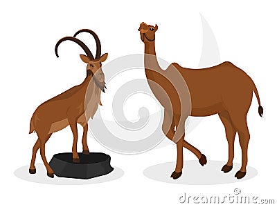 Animal character of goat and camel in front of crescent moon. Stock Photo