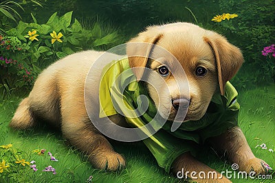 Animal characters for cartoons. Cute emotional puppies. Green background with flowers in the forest. Illustration for advertising Stock Photo