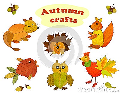 Animal characters made from autumn leaves. Autumn applique Stock Photo