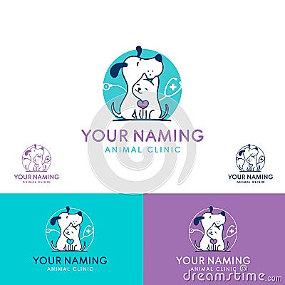 Animal clinic logo cartoon dog and kitten, stethoscope and heart symbol. color variants included Vector Illustration