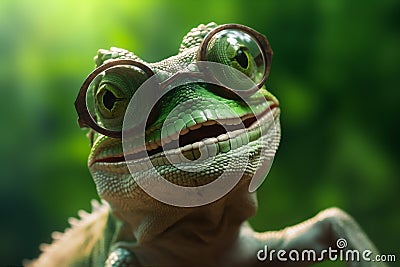 wildlife animal lizard glasses reptile green close-up iguana scale portrait. Generative AI. Stock Photo