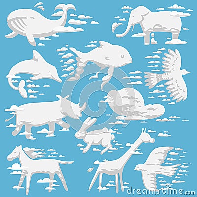 Animal clouds white overcast silhouette kids dreaming fantasy cute zoo collection vector illustration Vector Illustration