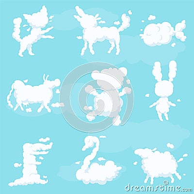 Animal clouds white silhouette set, kid imagination sweet dreams vector Illustrations Vector Illustration