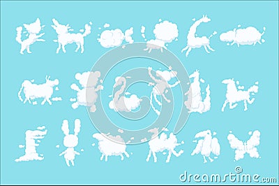 Animal clouds white silhouette set, kid imagination sweet dreams vector Illustrations Vector Illustration