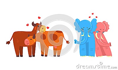 Animal Couples in Love Set, Cute Romantic Cow and Elephant Characters Hugging Cartoon Vector Illustration Vector Illustration