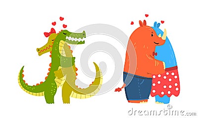 Animal Couples in Love Set, Cute Romantic Rhinoceros and Crocodile Characters Hugging Cartoon Vector Illustration Vector Illustration