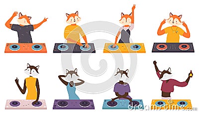 Animal crazy fox dj set, funny dj playing on music fun party, standing at turntable Vector Illustration