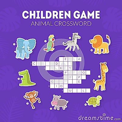 Animal Crossword, Childrens Educational Game with Exotic African Animals Vector illustration Vector Illustration