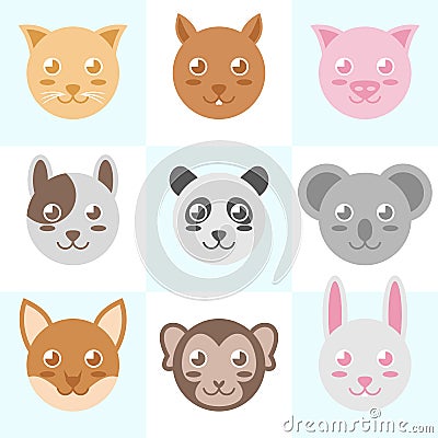 Animal cute circle head vector illustration , cat,squirrel,pig,dog,panda,koala,fox,monkey,rabbit Cartoon Illustration