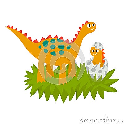 Cute dinosaurs family, mother and baby in the nest. Vector Illustration