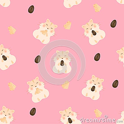 Animal cute patterns. Hamster eat butter with sunflower seeds on pink background Vector Illustration