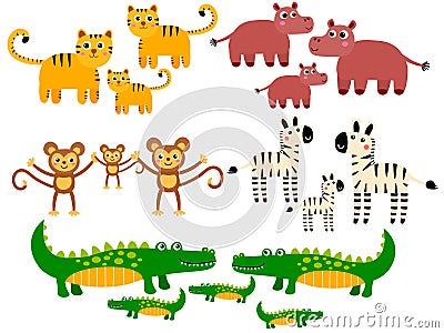 Cute tiger and hippo, monkey and zebra, crocodile families. Vector Illustration