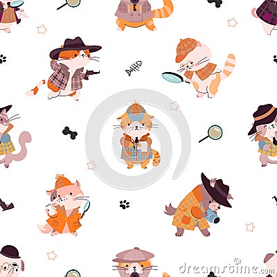 Animal detectives. Cute cartoon cats investigation, kitty wear costumes and looking evidence. Funny childish fabric Vector Illustration