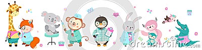 Animal doctors and patients. Cute sick koala and giraffe, tiny owl with mother at doctor. Animals pediatricians, nursery Vector Illustration