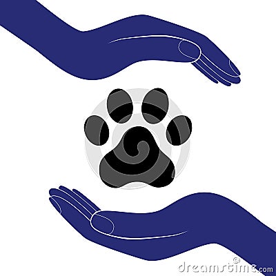 Animal dog paw in people hand, human help encourage vector illustration. Vector Illustration