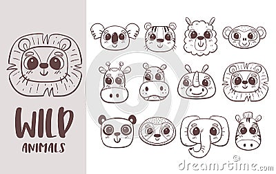 Cute Wild Animals Doodle Collection Vector Illustration