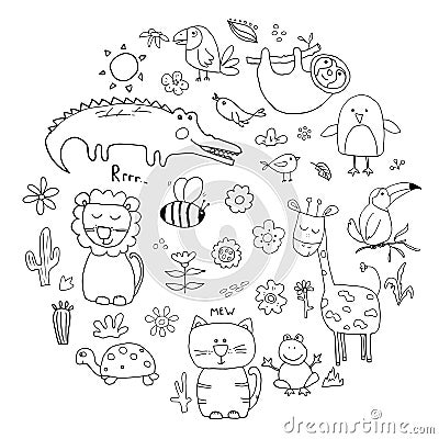 Animal Doodles Set. Cute Animals sketch. Hand drawn Cartoon Vector illustration on white background Vector Illustration