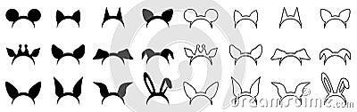 Animal ears mask set, beasts head masks, wild and domestic animals head for party masquerade, mouse, cat, dog, wolf, hare, koala Vector Illustration