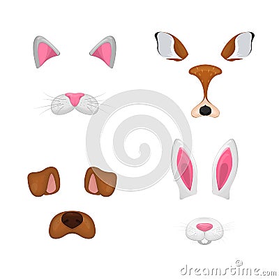 Animal face elements set. Vector illustration. For selfie photo decor. Constructor. Cartoon mask of cat,deer,rabbit,dog. Isolated Cartoon Illustration