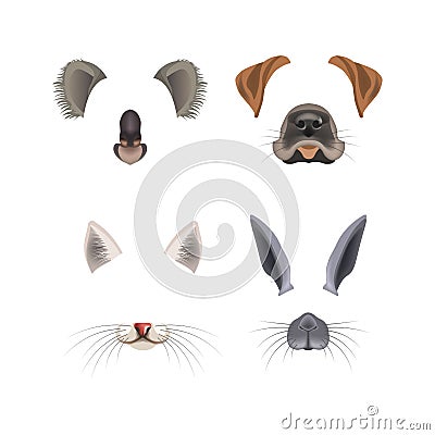 Animal face filter template video chat photo effect vector isolated icons Vector Illustration