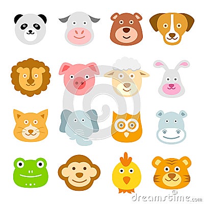 Animal Faces Icons, Baby Animal Heads, Zoo, Nature Vector Illustration
