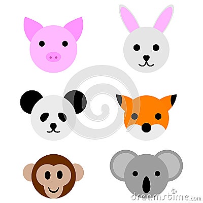 Animal Faces isolated on white background. Pig, Rabbit, Panda, Fox, Monkey, Koala. Vector Illustration for Your Design, Game, Card Vector Illustration