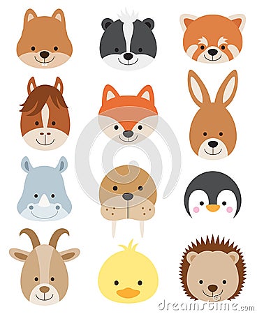 Animal Faces Set Vector Illustration