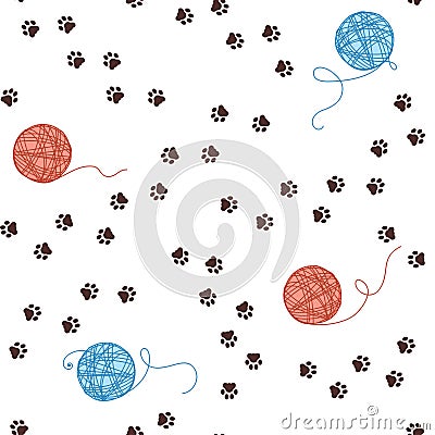 Animal footprints and clew of threads seamless background Vector Illustration