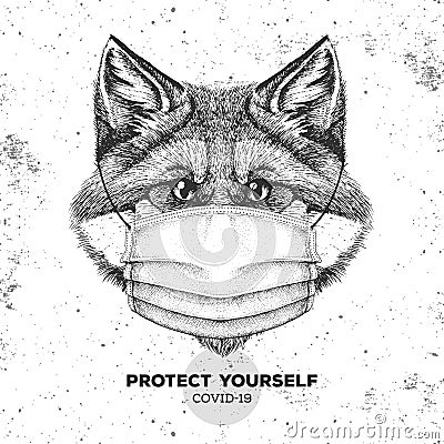Animal fox wearing face medical mask. Covid-19 protection methods. Coronavirus Quarantine Warning. Vector Illustration