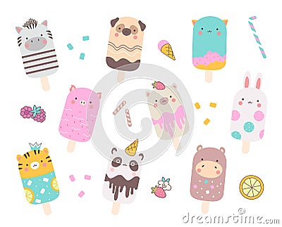 Animal ice cream on stick, eskimo cute animals collection. Sweet lollipops, children summer dairy and fruits dessert Vector Illustration