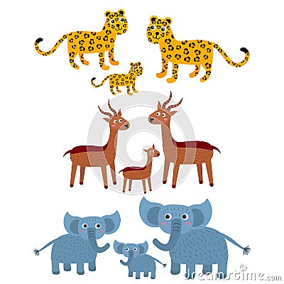 Leopard, gazelle, elephant. Cartoon African families. Vector Illustration