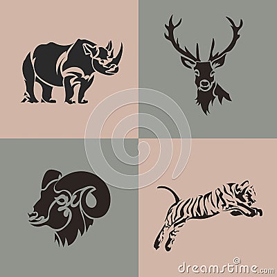 Animal logo collection. Deer, ram, tiger, rhino vector emblem. Set wild animals Vector Illustration