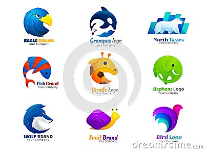 Animal logo collection eagle, killer whale, polar bear, fish, sheep, ram, giraffe, elephant, wolf, snail, spider, bird symbol Vector Illustration