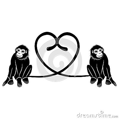 Animal love. Couple of cute monkeys shaped heart of tails, Valentine illustration. Vector Illustration