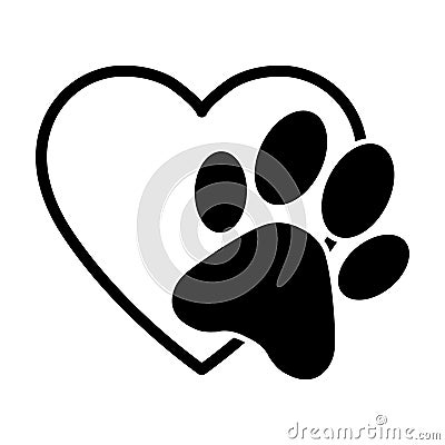 Animal love symbol paw print with heart, isolated vector Cartoon Illustration