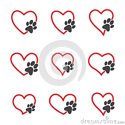 Animal love symbol, pet paw print with hand drawn heart, isolated vector Vector Illustration