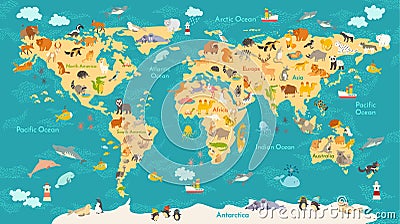 Animal map for kid. World vector poster for children, cute illustrated Vector Illustration