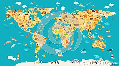 Animal map for kid. World vector poster for children, cute illustrated Vector Illustration