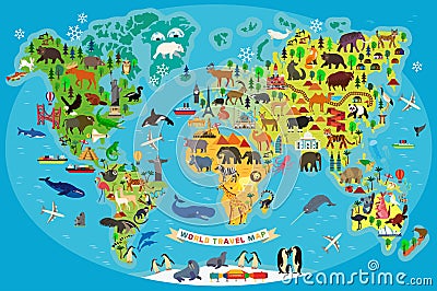 Animal Map of the World for Children and Kids. Vector. Vector Illustration