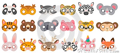 Animal mask. Photo booth props, panda bear and zebra, tiger and pig, koala and cow, unicorn and monkey, owl carnival zoo Vector Illustration