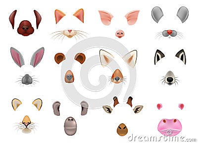 Animal mask vector animalistic masking face of wild characters bear wolf rabbit and cat or dog on masquerade Vector Illustration