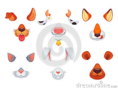 Animal masks. Video chat dog, cat, fox, bear, bunny and cow mask. Phone photo face filter with animals ears and nose Vector Illustration