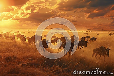 Animal migration or migratory wildebeest herds Stock Photo