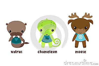 Animal moose and cartoon chameleon, walrus Vector Illustration