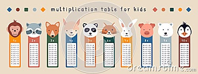 Animal multiplication table for kids. Childish funny cartoon stickers children class education, printable bookmarks Vector Illustration