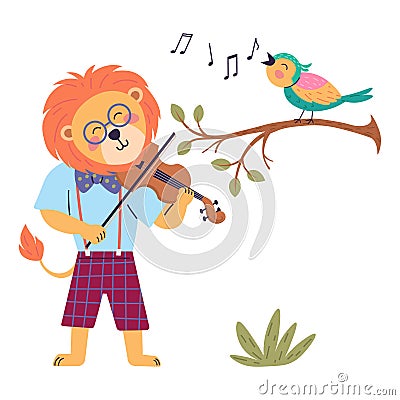 Animal music. The magical animal music celebration. A lion plays the violin, a bird sings while sitting on a branch Vector Illustration