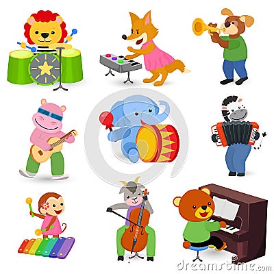 Animal music vector animalistic character musician lion or dog playing on musical instruments guitar and piano Vector Illustration