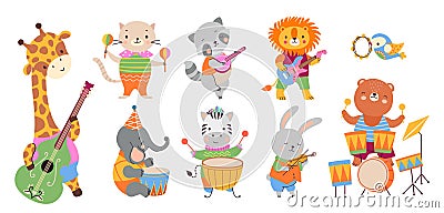 Animal musician party. Wild animals play musical instruments. Cute celebration or festival, cartoon kids characters Vector Illustration